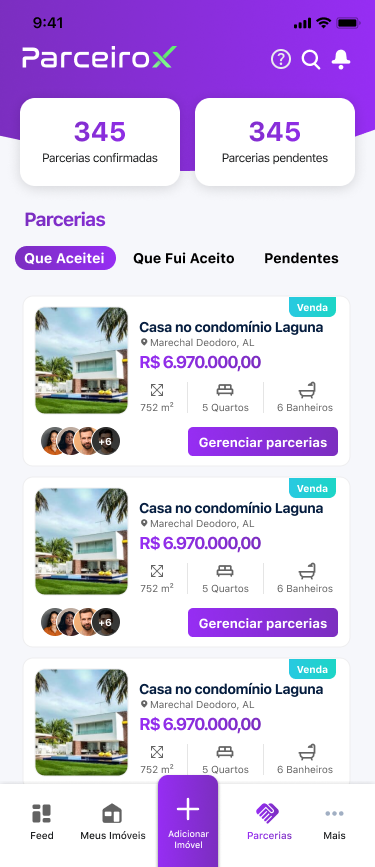 Tela de parcerias aceitas no app ParceiroX